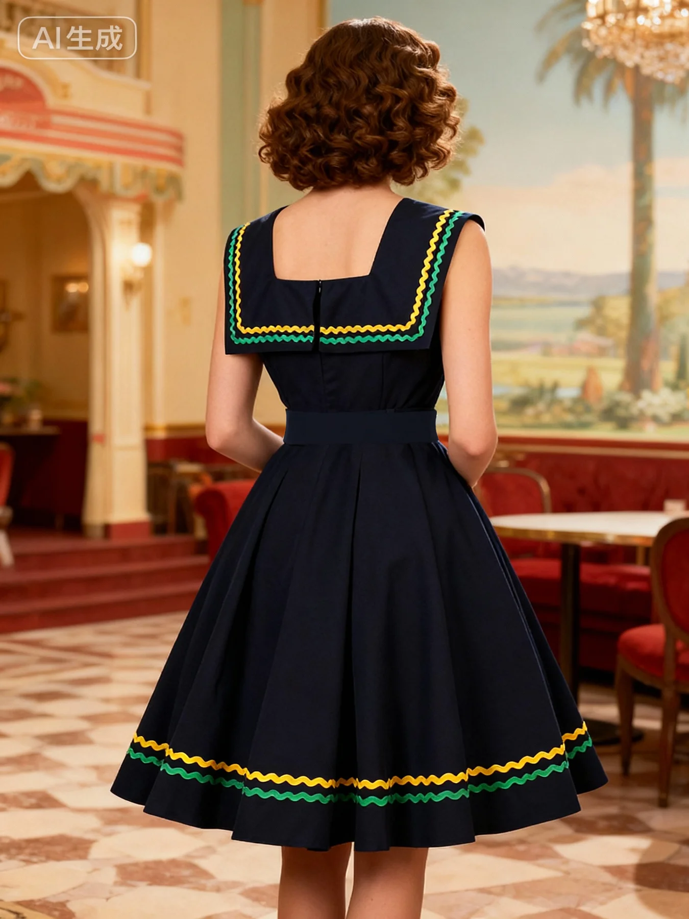 Tonval Contrast Webbing Square Neck Sleeveless Swing Pleated Women Dresses Summer Prom Birthday Party Vintage Swing Dress