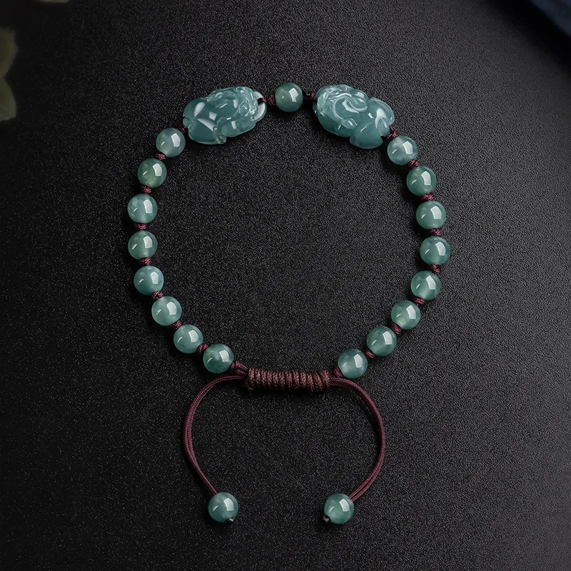 High Grade Natural A Jadeite Ice Seed Blue Water Mythical Wild Animal Hand Woven Rope Money Seeking Piqiu Jade Bracele Drop Ship