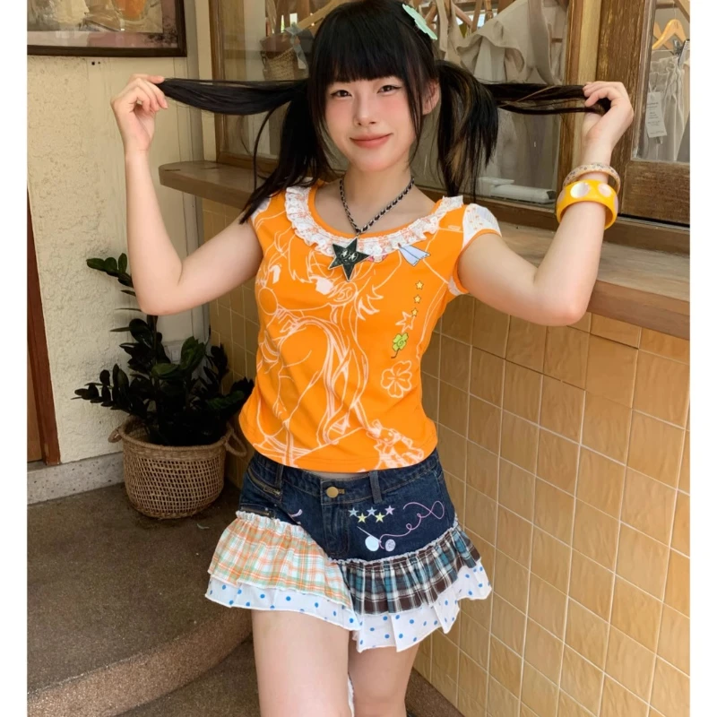 Original Design Japanese Women's Mini Skirt New Summer Plaid Corrugated Splicing Zipper Versatile Denim Shorts Skirts Ladies