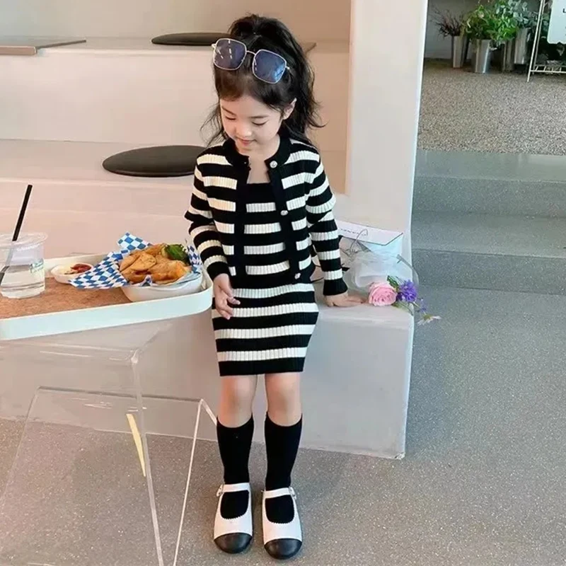 

New Baby Knitted Suit Girl Sweater Striped Knit Dress 2pcs Kids Long Sleeve Cardigan Coat Children Outfit Set Spring Autumn 2023