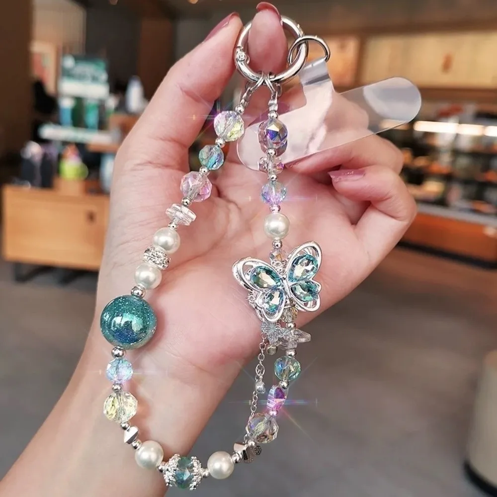 Butterfly Crystal Bead Phone Strap Wrist Chain Pearl Cell Phone Chain Anti Loss Sparkling Mobile Phone Lanyard Women/Lady/Girl