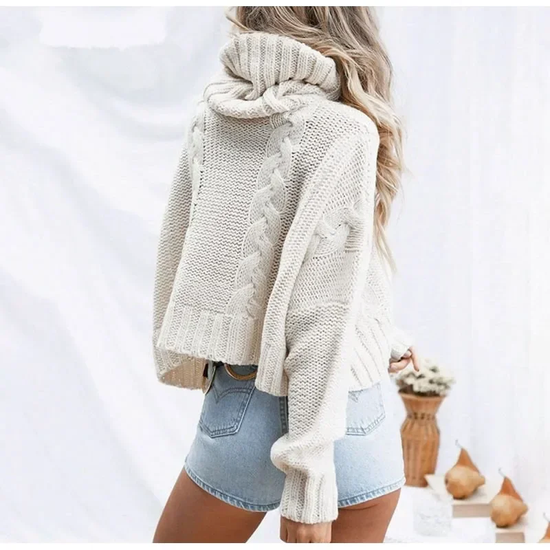 Suéter de cuello alto corto blanco para mujer, Jersey de punto, suéteres casuales sueltos de manga larga, otoño e invierno, nuevo