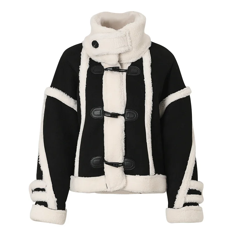 Giacca in pelle scamosciata donna 2022 inverno caldo lana d'agnello giacca in pelle impiombata bottone in corno moda moto cappotto Biker sciolto femminile