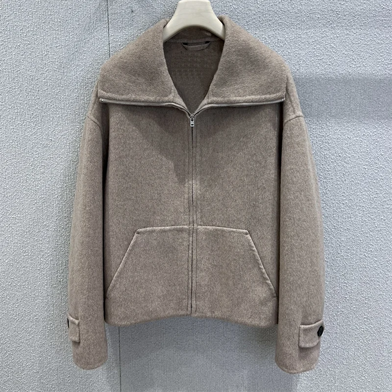 

Высококачественное двустороннее кашемировое женское шерстяное пальто с однотонным дизайном для весенней и осенней верхней одежды 251223131