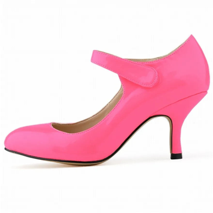 Hot New 14 Colors Hooks&Loop Casual Women Shoes Round Toe Patent Leather Concise High Heels Pumps Ladies Shallow Work Bride Shoe