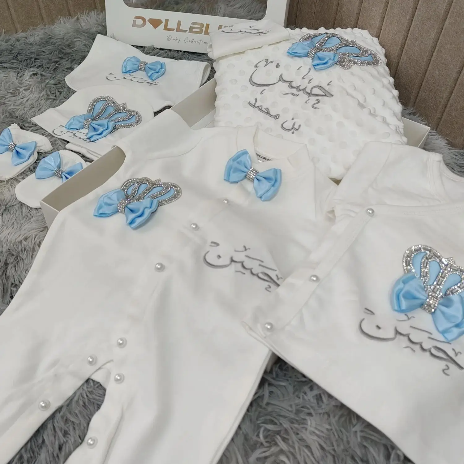 Baby Boy 7Pcs Embroidered Blue Bow Crown Romper Set Soft Breathable Cotton Newborn Crawling Outfit 0-9 Months
