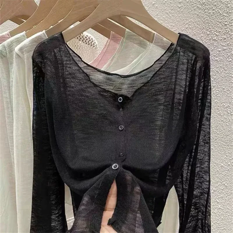 Knit Cardigan Women's Thin Coat Ice Silk Outerwear Cover-up Shawl Air Conditioning Shirt Summer Clothes Tops