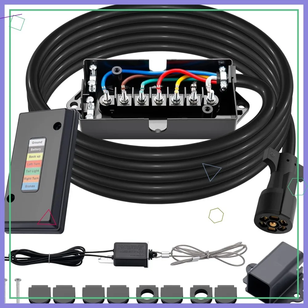 

15 FT 7-Way Trailer Cord Kit with Junction Box, Breakaway Switch, and Plug Holder for RVs and Trailers