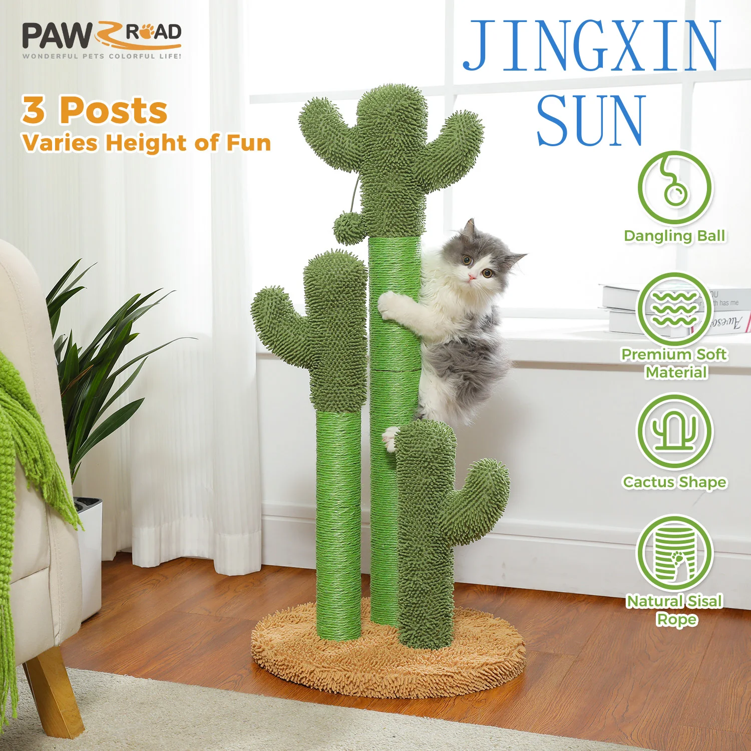 Cactus Cat Scratching Post for Indoor Cats Tall Cat Scratcher with 3 Sisal Scratching Poles Interactive Dangling Ball Cat Toys
