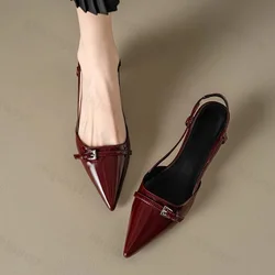 2025 New Summer French Wine Red Pointed Patent Leather Mid-heel Overhead Sandals for Women Retro Skinny Heel Slingback Pumps