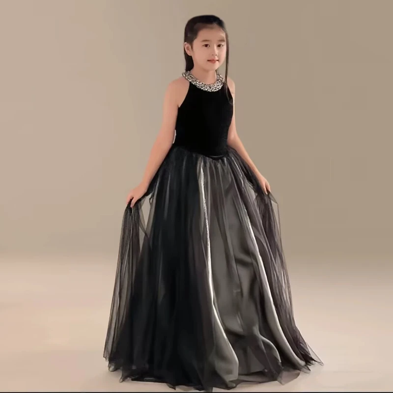 Children Black Long Sleeveless Girls Piano Performance Dress Violin Concert Host Pageant OutfitCostume Birthday Princess Gown
