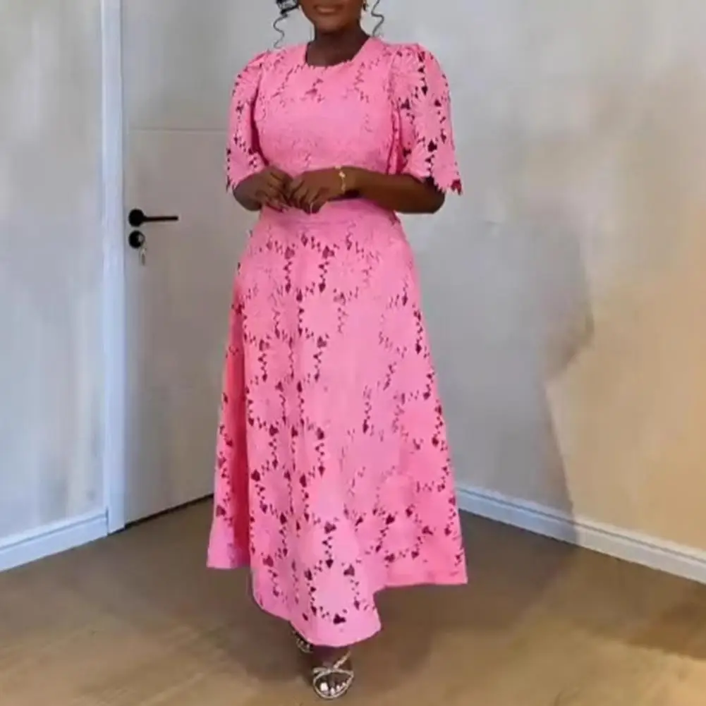 Women's Hollow Out Top + Long Skirt Suit Flower 2 Piece Outfits Short Sleeve Top High Waisted Maxi Skirt Set Summer Vacation Set