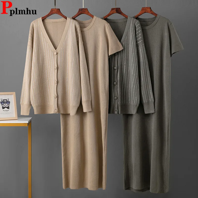 

Korean Fashion Knitwears 2 Piece Sets Women O-neck Short Sleeve Knit Dress Conjuntos Single Breasted Sweater Cardigan Outfit New