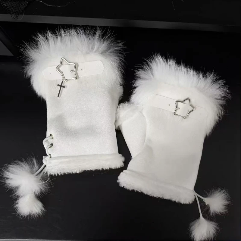 2025 المرأة اليابانية الشتاء نصف اصبع الدفء فروي المرقعة قفازات الدفء القوطية Harajuku عبر حزام Y2k اكسسوارات Mujer #5