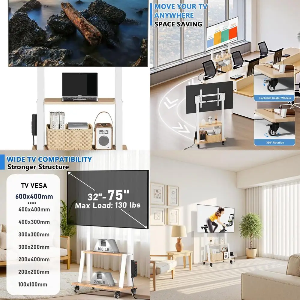 حامل تلفزيون متنقل مع مخرج طاقة، حامل تلفزيون محمول على رف خشبي على عجلات لتلفزيون 32 إلى 55 65 70 75 بوصة، ارتفاع قابل للتعديل #1
