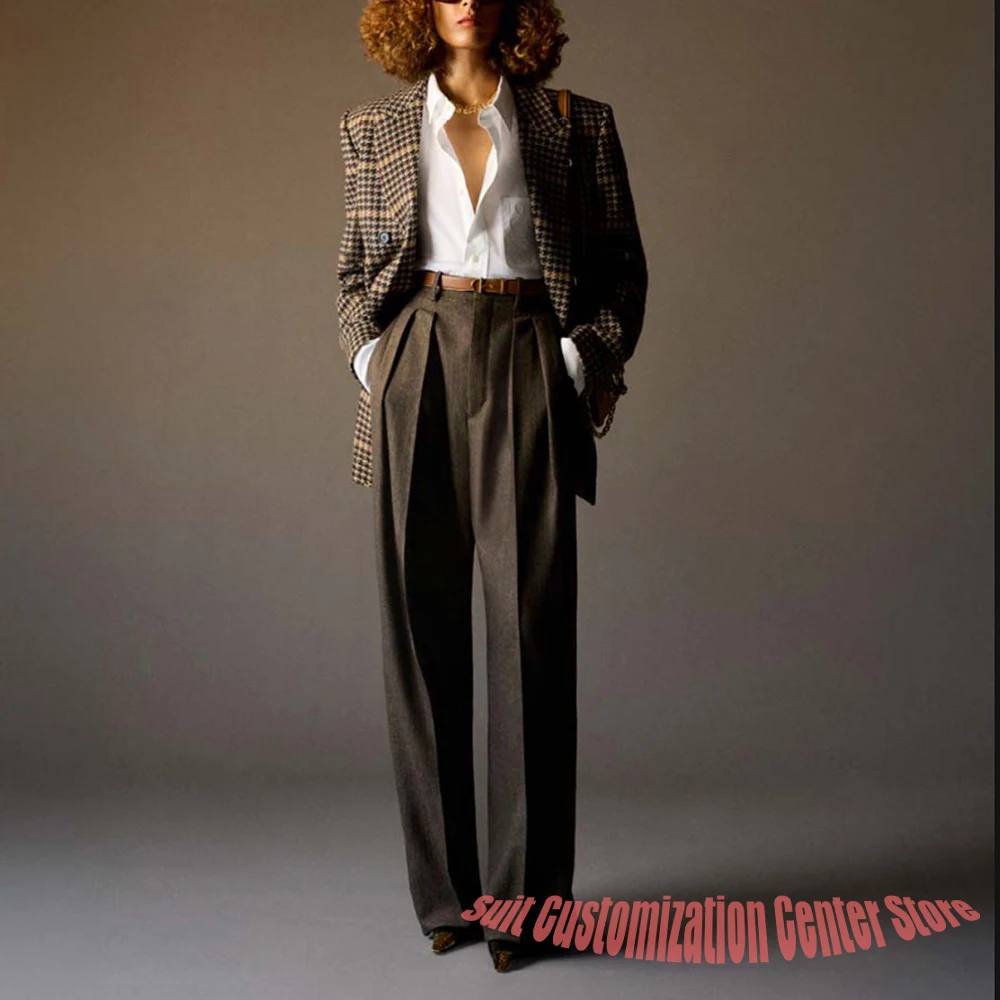 

Элегантный женский костюм коричневого цвета с узором «гусиные лапки», двубортный пиджак с остроконечными лацканами, винтажная зимняя офисная одежда, повседневная повседневная одежда