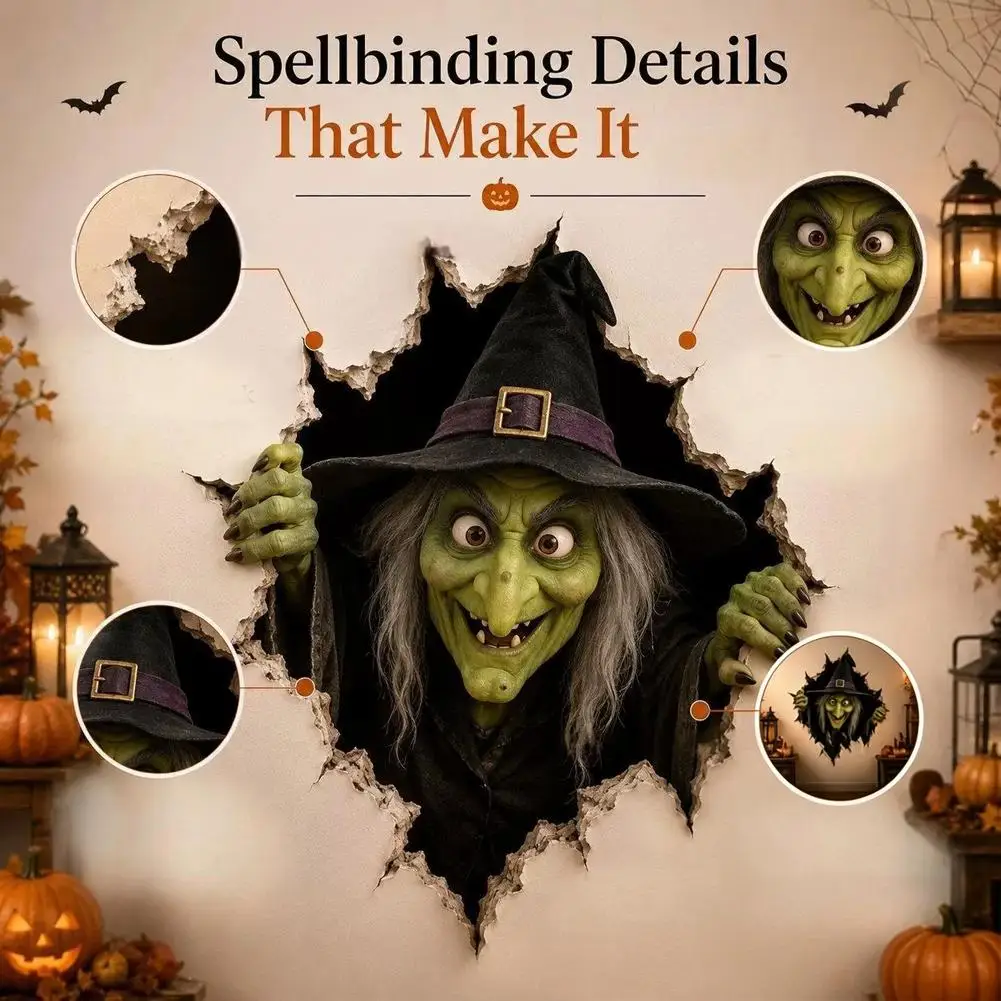 3D Illusion Evil Witch Scary Halloween Wall Stickers, Broken Wall Decal for Spooky Party Decor, Creepy Horror Atmosphere Poster