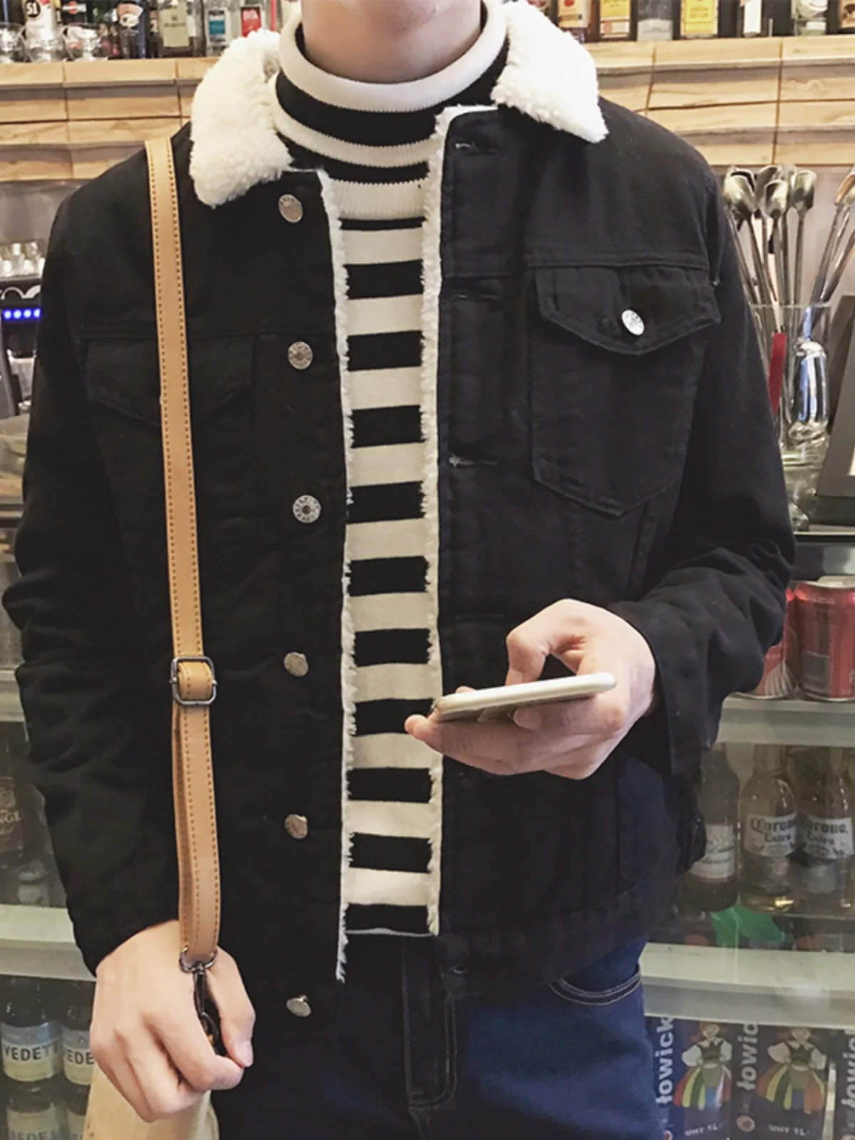 

Korean Sle Fce Lined Denim Jaet Men's Loose Fit Warmth Outerwear Thiened Cotton Wool Coat Youth Faion Winter Coat