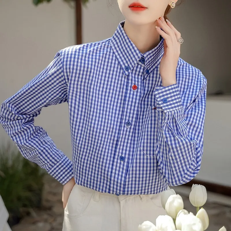 

Casual Women's Blouses Plaid Vintage Shirts Fashion Loose Spring/Summer Korean Clothing Long Sleeve Polo-Neck Women Tops