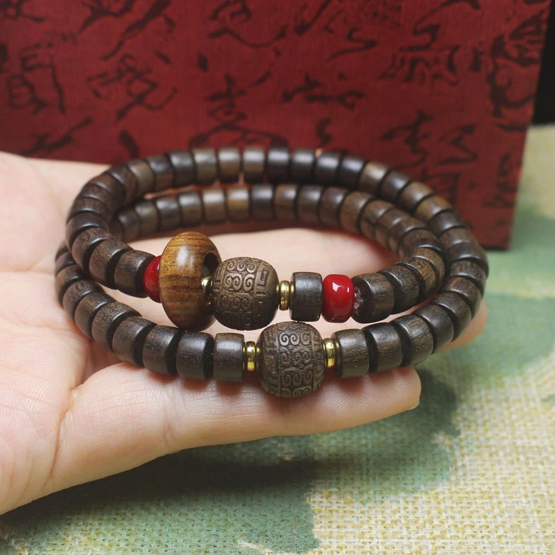 

Браслет из агарового дерева с двойным кругом из бусин, в этническом стиле, унисекс, буддийские молитвенные четки, украшение