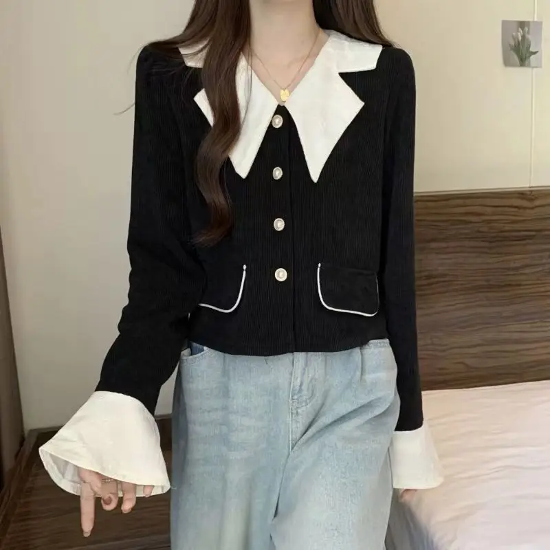 Contrasting Color Doll Collar Shirt Female Autumn Slim Design Trumpet Sleeve Top