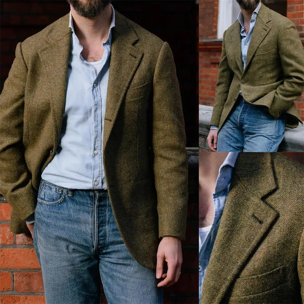 

Men's Blazer Herringbone single Breasted Casual Elegant Man Suit Jacket Retro New Style Man Leisure sports Coat