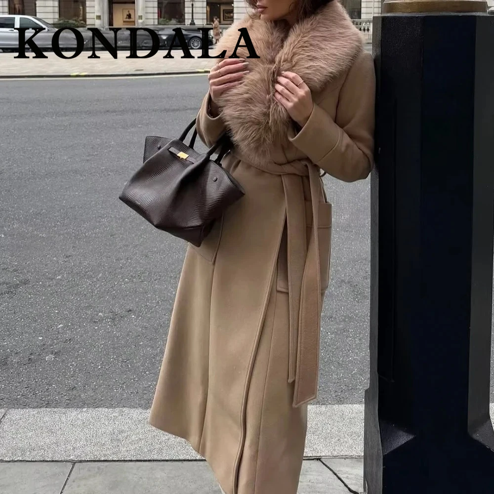 KONDALA Chic Khaki Fashion 2025 Winter Elegant Sashes Woman Luxurious Tweed Coats Pocket Fur Collar Vintage Coat Female Outwear