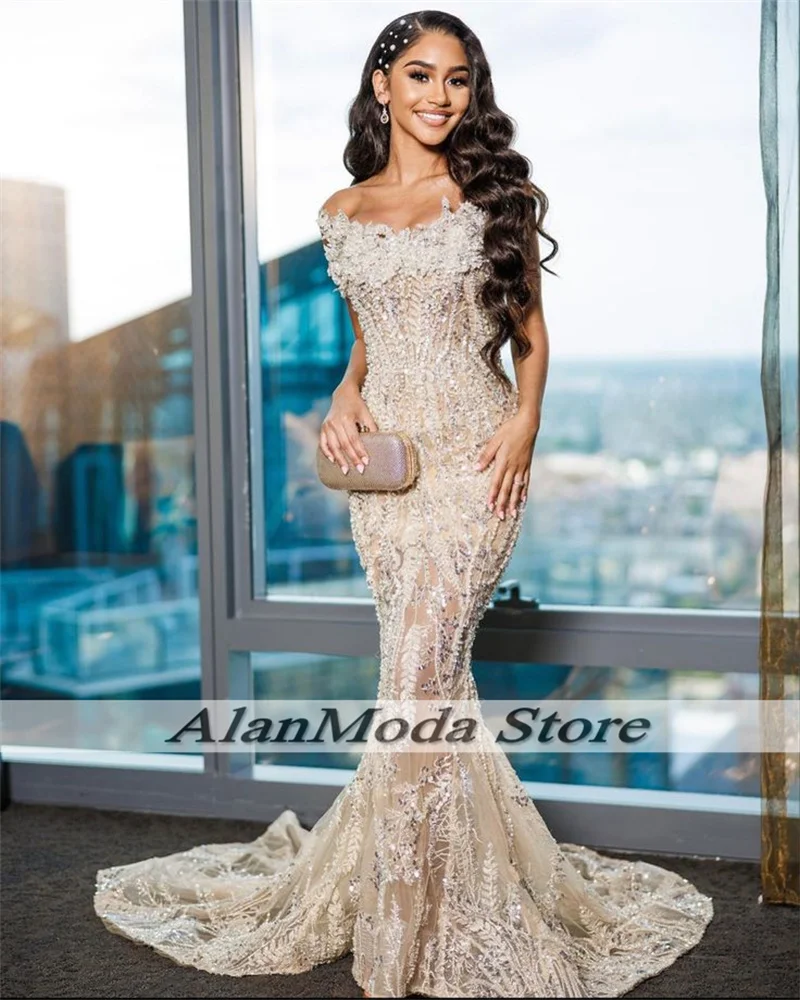 Luxury Mermaid Prom Dresses 2025 เลื่อมประดับด้วยลูกปัดสีดําสาวปาร์ตี้ชุดชุดราตรีหรูหรา robes de soirée ที่กําหนดเอง