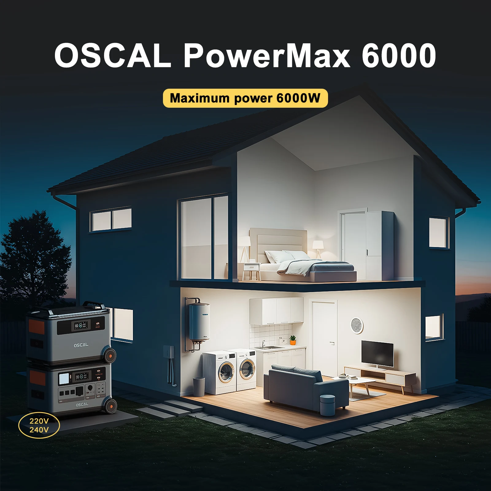 OSCAL PowerMax 6000 Portable Power Station with 100W Solar Panel, 6000W Continuous AC, 9000W Surge, 120V/240V Dual Voltage, 2200W AC Charge, 2400W Solar Charge, Home Emergency Solar Generator