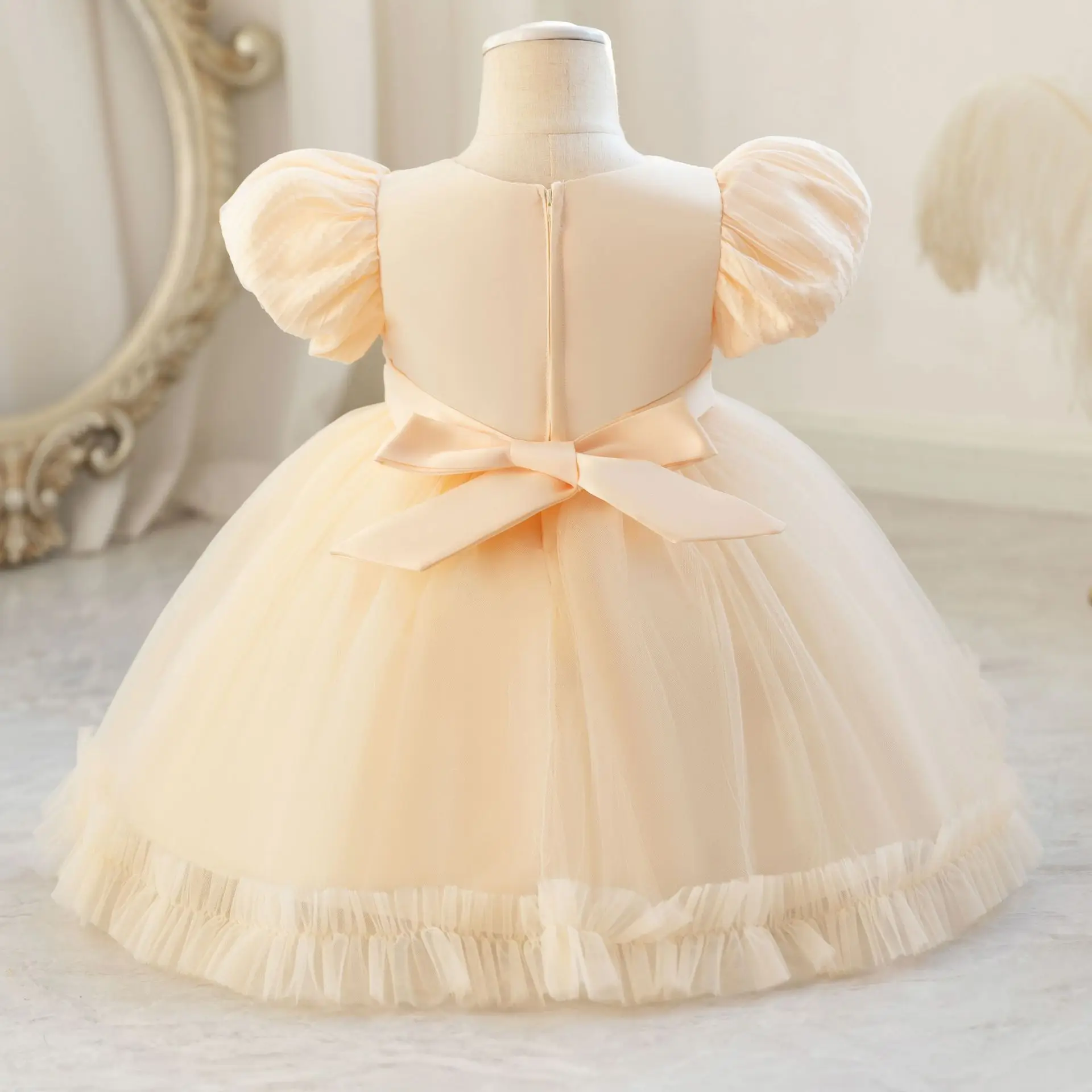 Baby Toddler Puff Sleeves Appliqued Flower Girls Birthday Party Pageant Toddler Formal Dress TT103