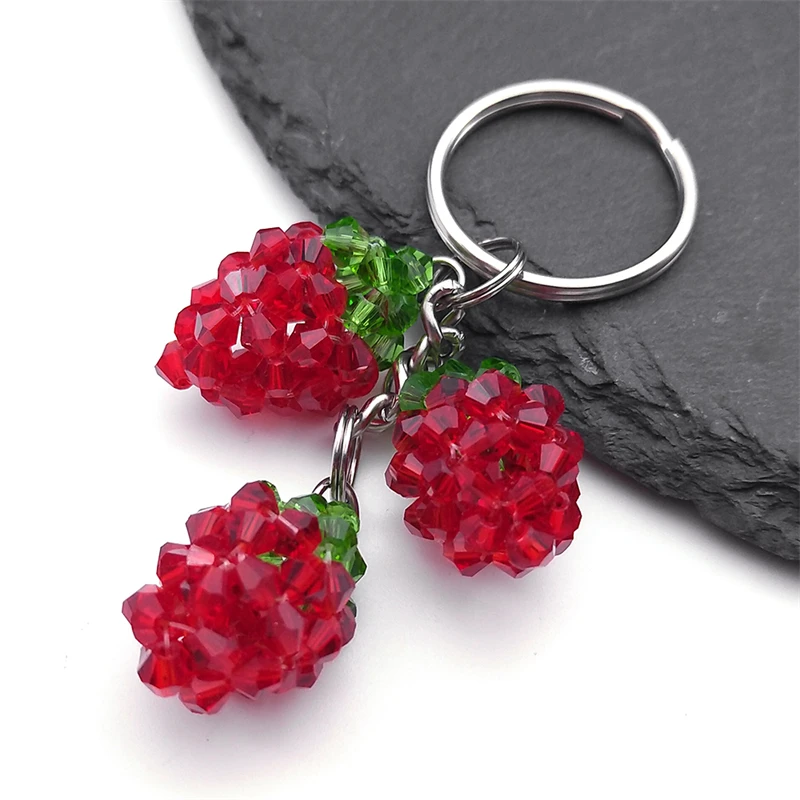 Red Strawberry Crystal Cute Fruit Keychain Stainless Steel Keyring Car Bag Pendant Accessories Best Friend Jewelry Gift KAAS04