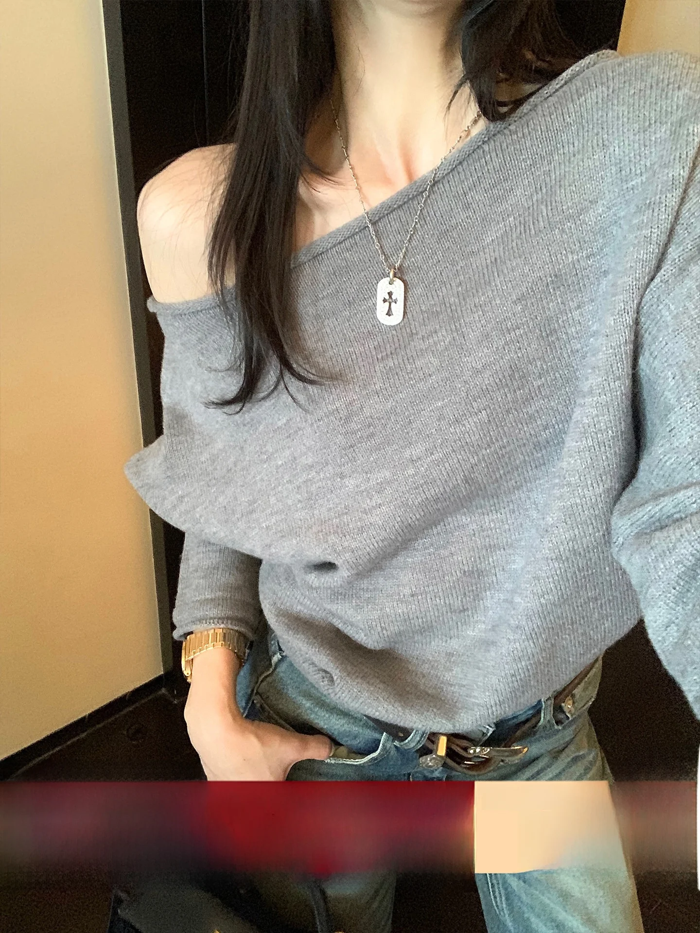 

Soft Woolen oulder Bared Knitted Sweater Long Sve Lazy Girl One oulder Top Korean Sle Commute Faion Loose Fit Wome...