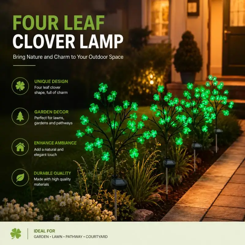 Outdoor Solar Light, Green Four Leaf Clover Garden Stake Lamp for Lawn Landscape Pathway Yard Courtyard Flower Bed Decoration