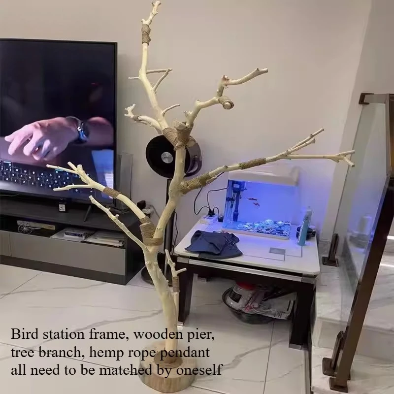 Natural Wood Bird Stand with Branch, Perch, Swing, and Solid Wood Base for Parrot Cage Accessories