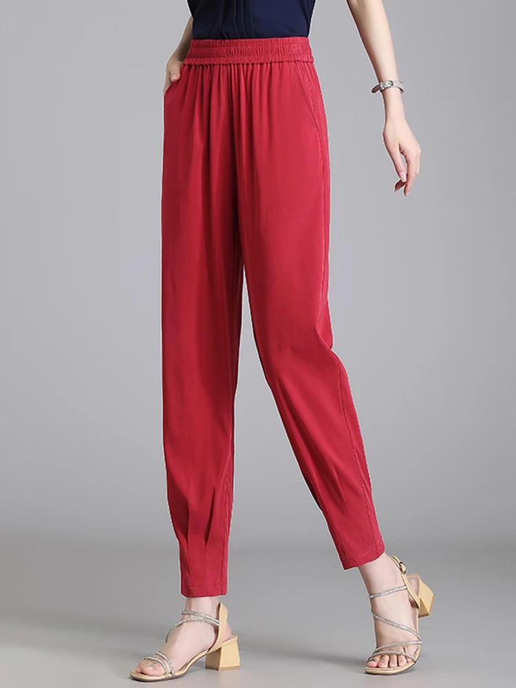 

Cropped Pants Women's Loose Fitting 2023 Summer Thin Copper Spandex Elastic Waist High Waist Large Size Slim Casual Pants