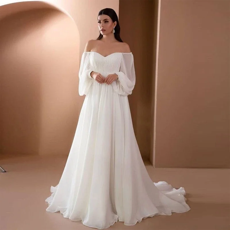 Women Elegant Wedding Evening Dress Puff Long Sleeve Sexy Off Shoulder V-Neck Ruched White Maxi Floor Length Slim Gown