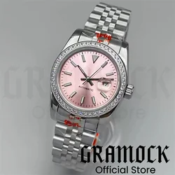 Gramock 31mm Luxury Decorated Diamond Lady Watch NH05 Two Tone Gold Case Sapphire Glass Sunburst PurpleGray Dial Roman Index