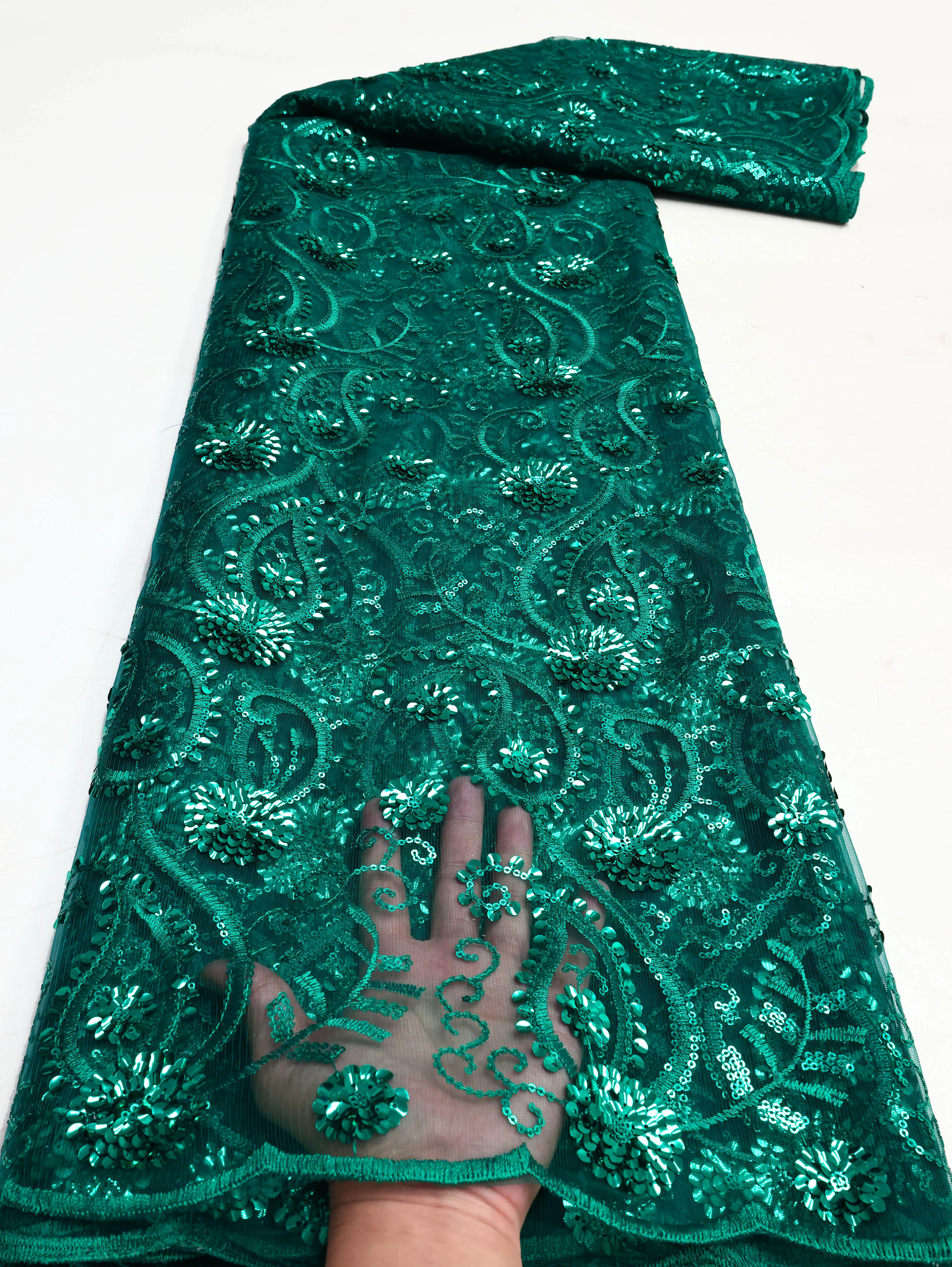 African Sequins Flocking Lace Fabric
