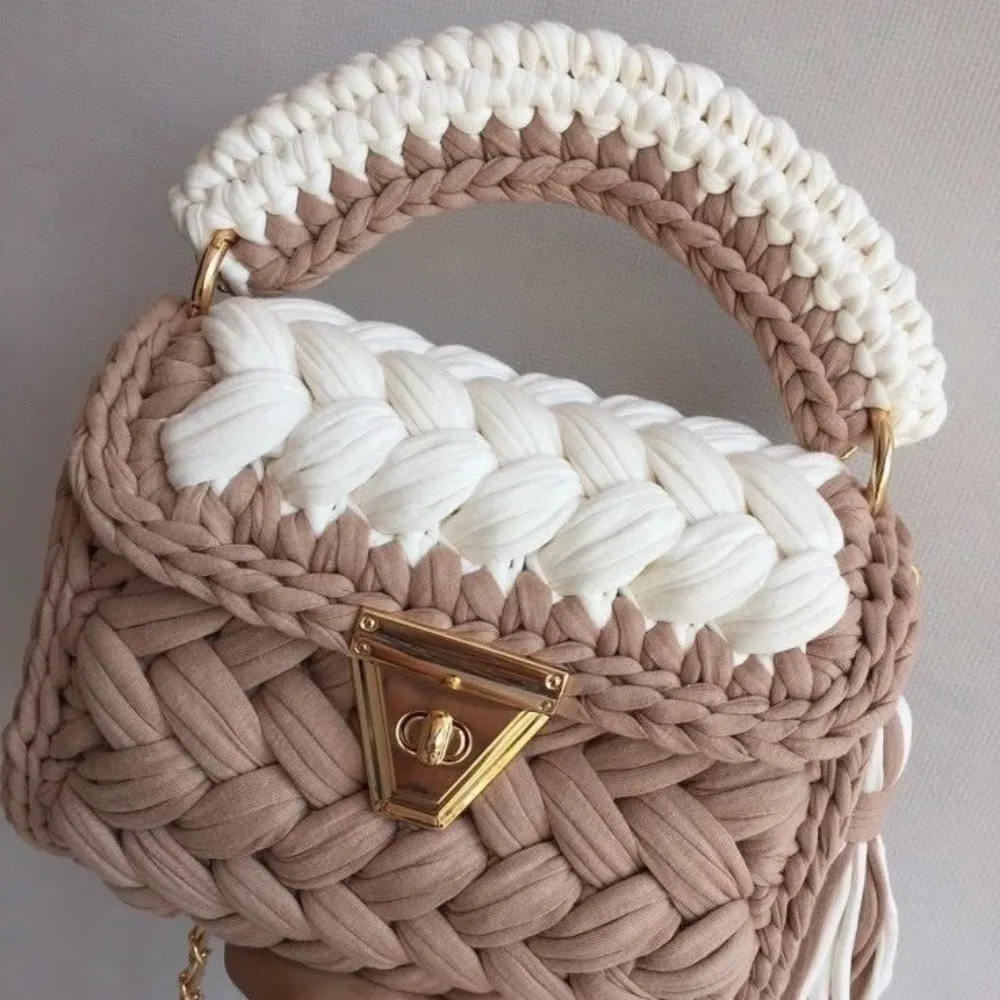 Color Blocking Crochet Women's Bag Fashion Tassel Knitting Shoulder Bag NEW Cloth Strip Woven Crossbody Bags for Women Handbags