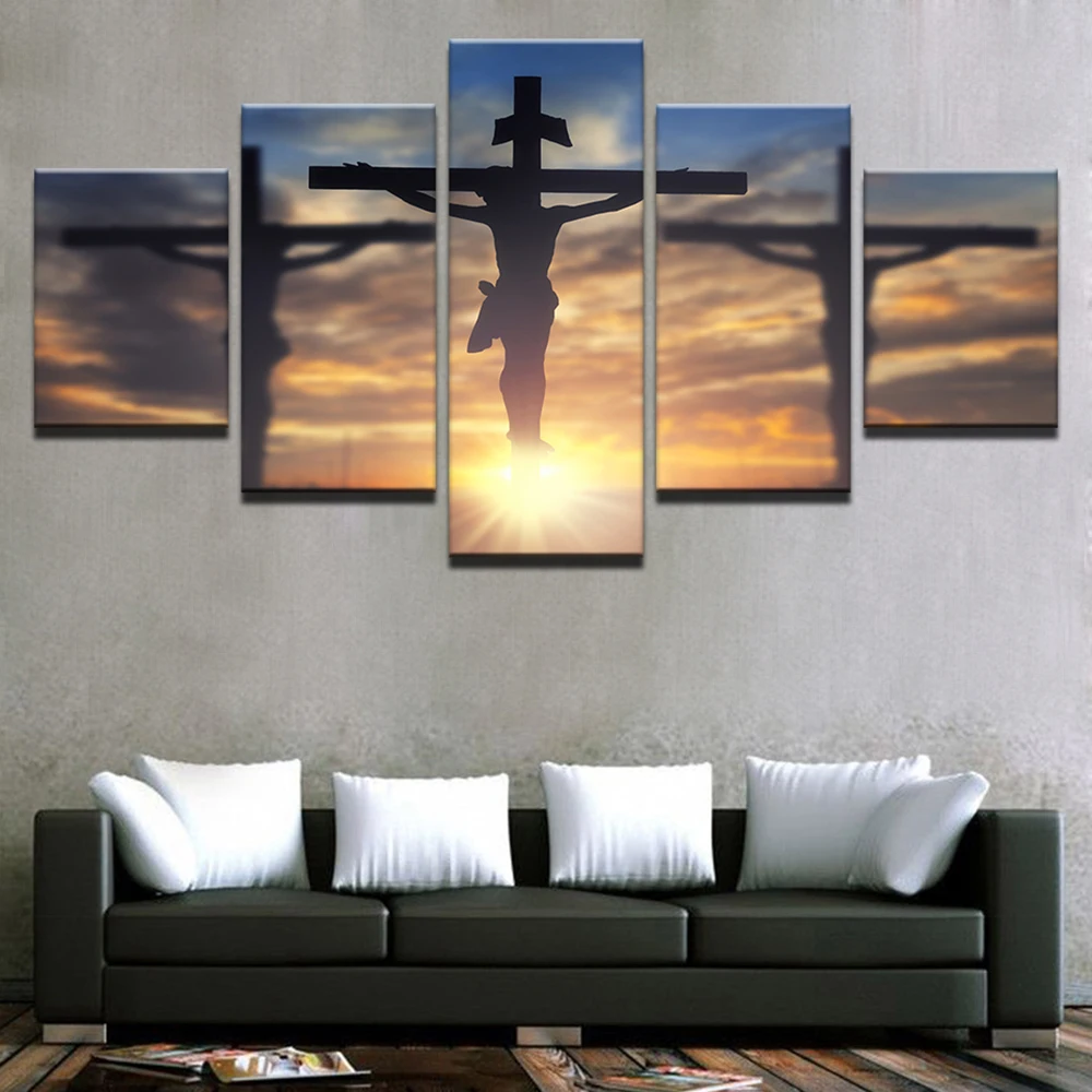 

5 Pieces Canvas Wall Arts Poster Painting Jesus Christ On Cross Divine Light Wallpaper Living Room Picture Print Bedroom Mural A