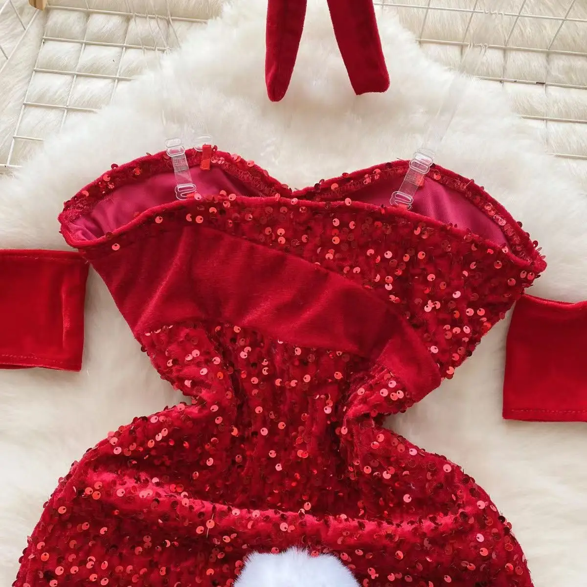 Hotsweet Mini-Kleid Neues Rotes Sexy Kurzes Kleid für Club-Partys Pailletten-Bodycon-Kleid Schlankes Retro-Hasenkleid – Detail 5