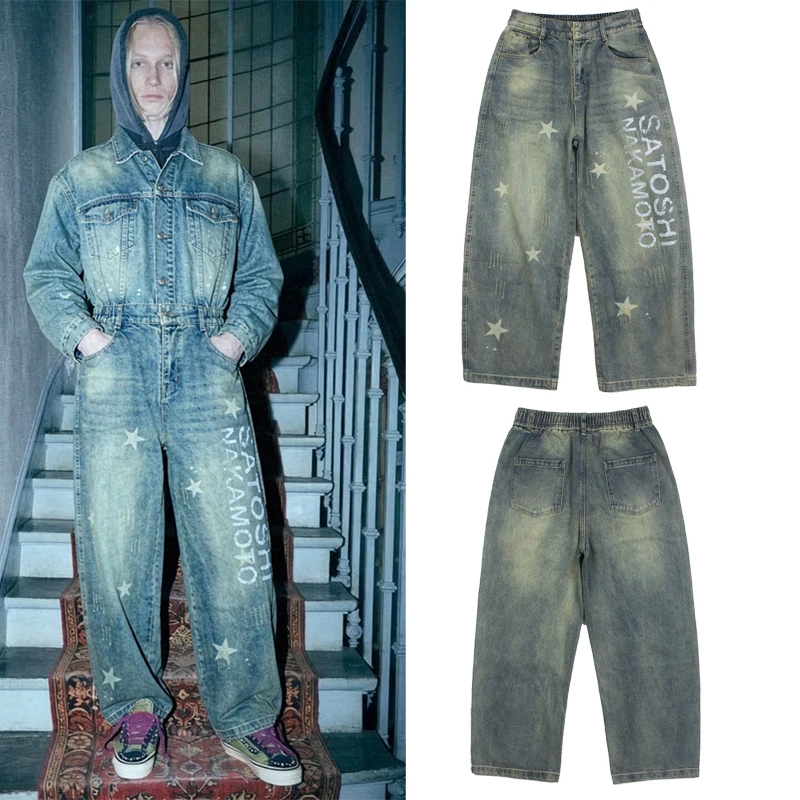 American High Street Trend SATOSHI NAKAMOTO Jeans Letter Print Loose Men's Straight Leg Wide Leg Pants