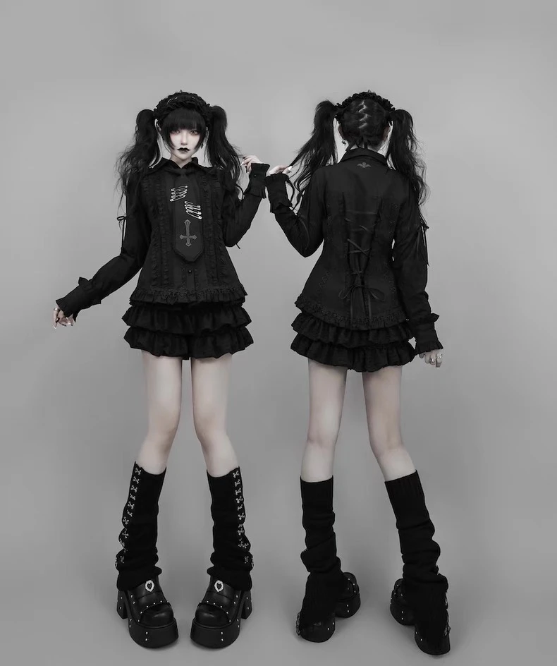 Subculture Gothic Long Sleeve Shirt Female Gothic Mass Production Cross Embroidered Bow Tie Lolita Blouses Cake Skirt Culottes