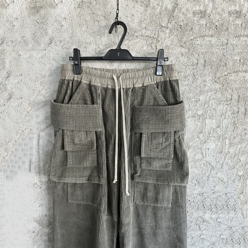 HKSH RO Corduroy Pocket Safari Style Cargo Pants Wide Leg Versatile Vintage High Street Loose Straight Micro Flared Retro HK2124