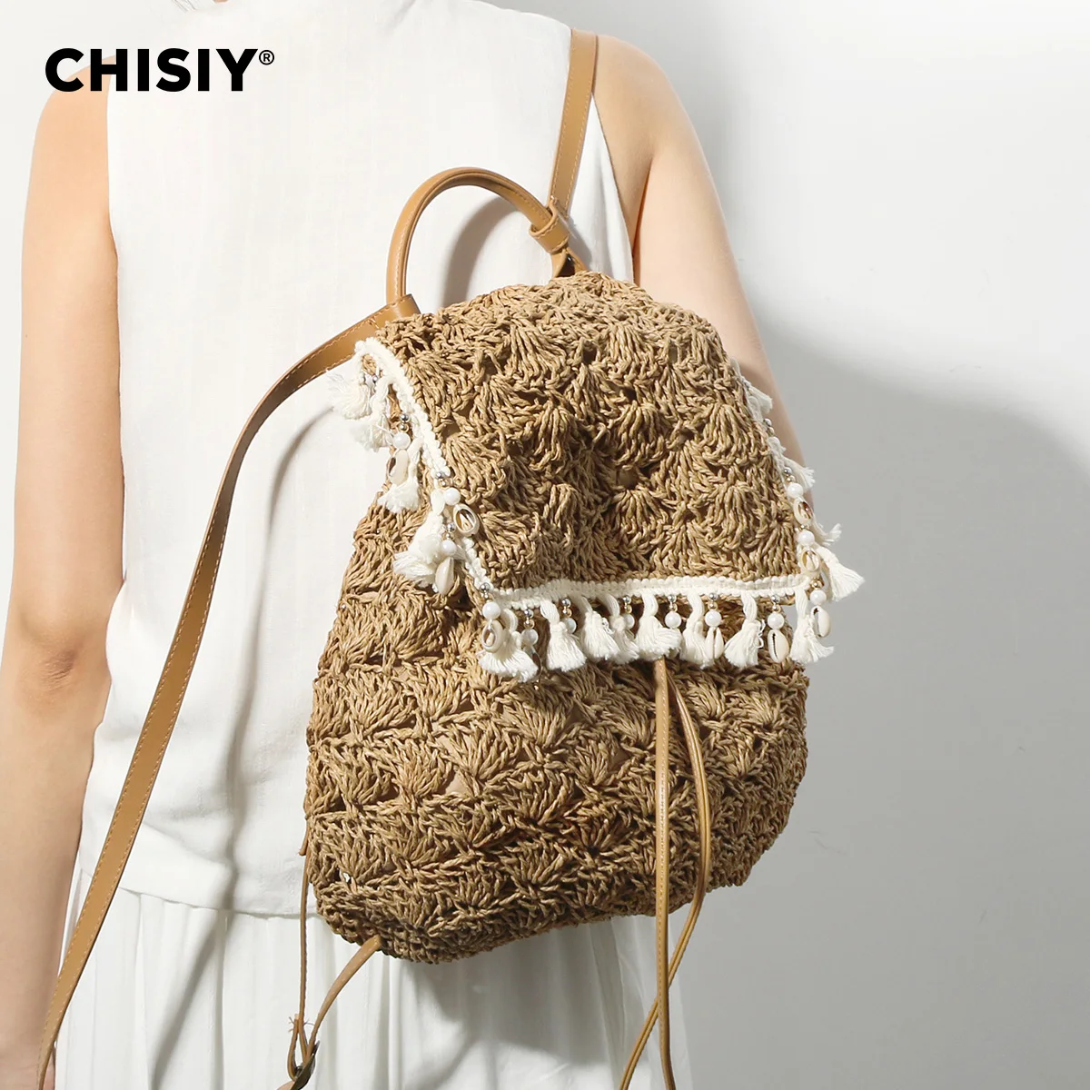 CHISIY Original Handmade Fashion Summer Forest Grass Weaving Large Capacity Beach Travel Shopping Backpack