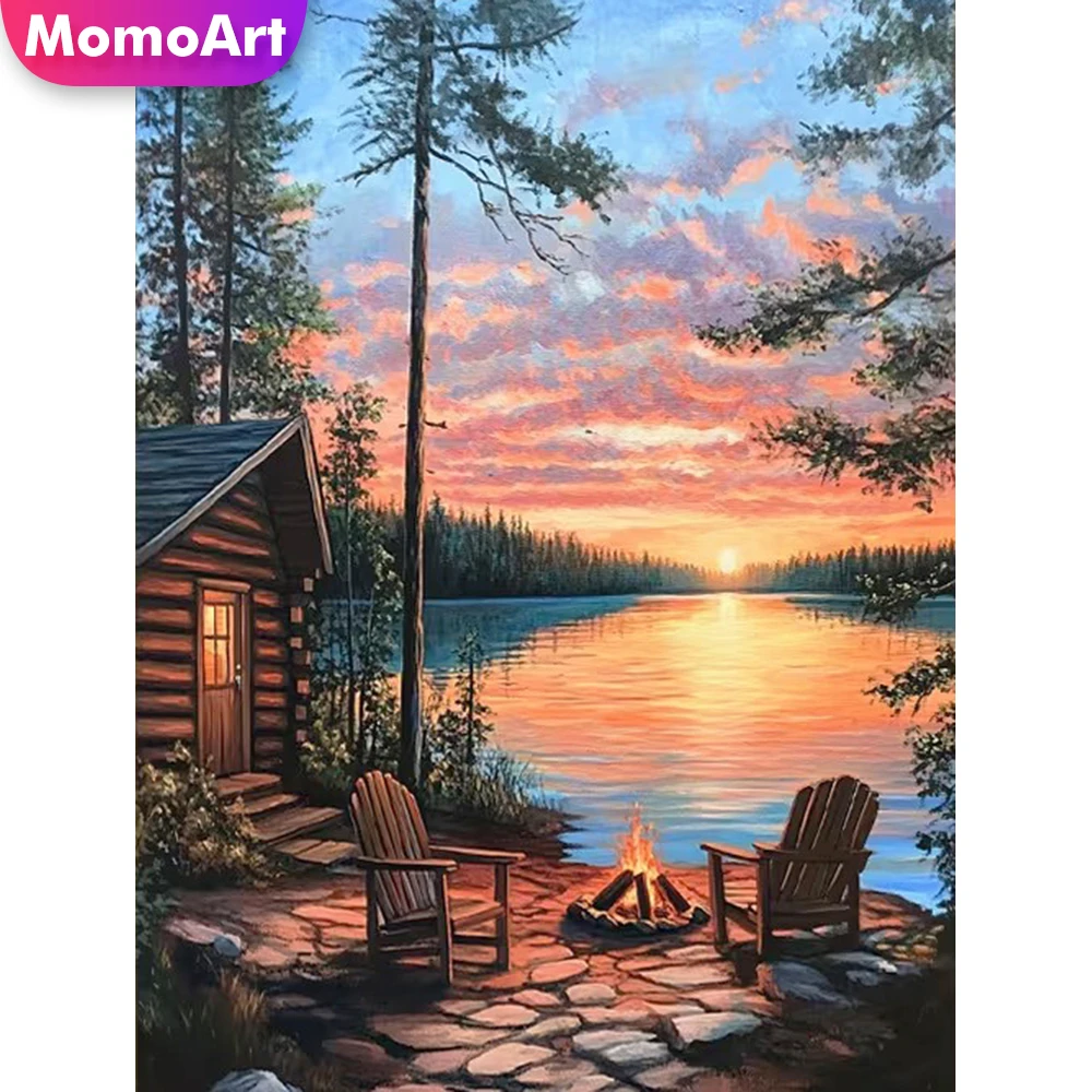 Momoart Diamant-Mosaik Sonnenuntergang-Landschaft Bastelset Diamantmalerei Fluss DIY Stickerei-Bild für Wohnzimmer Heimdekoration