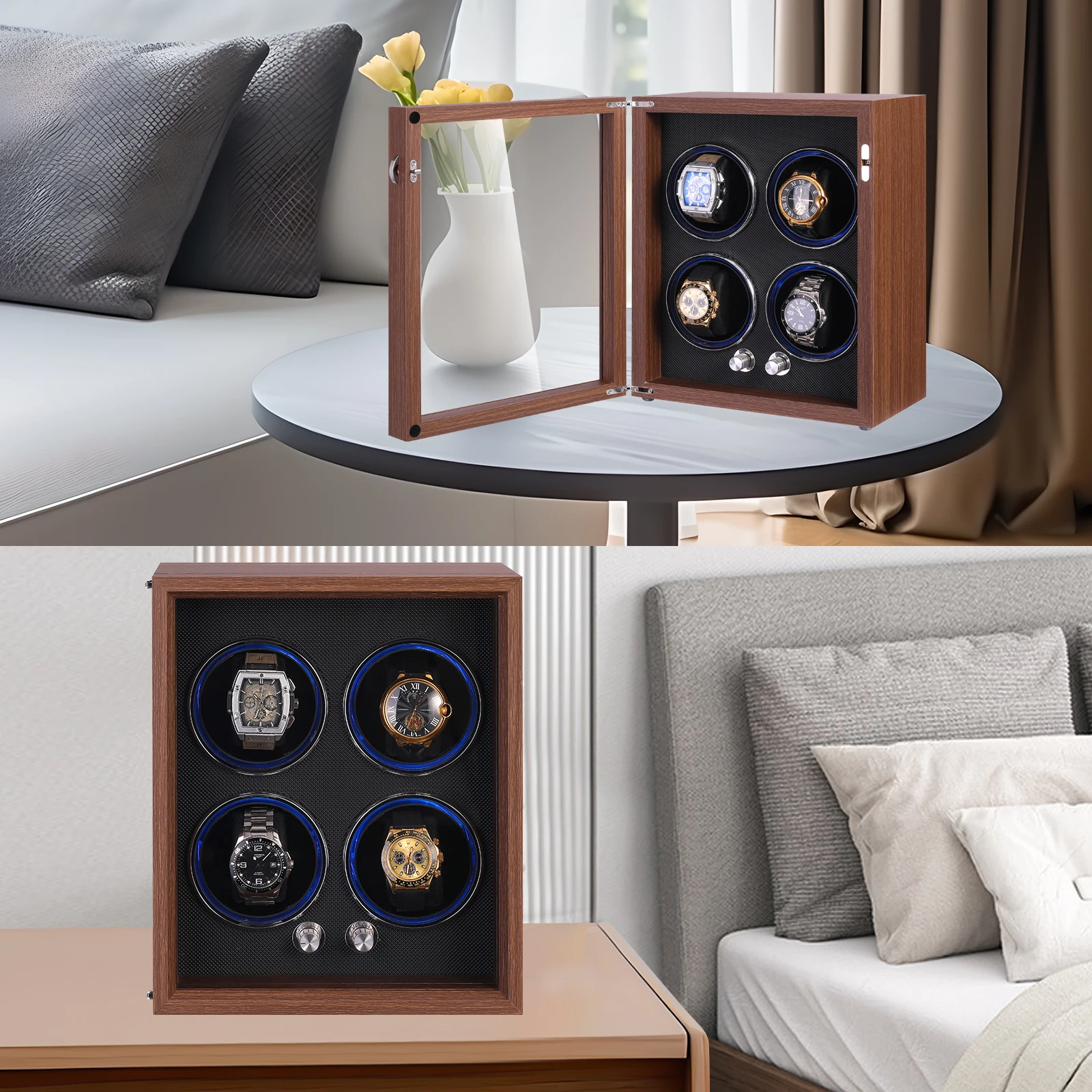 MINEESI Luxury Custom Oem Odm Rotating Gyro Wooden Four Slots Automatic Safe Watch Winder Box Luxury Clear Custom Logo