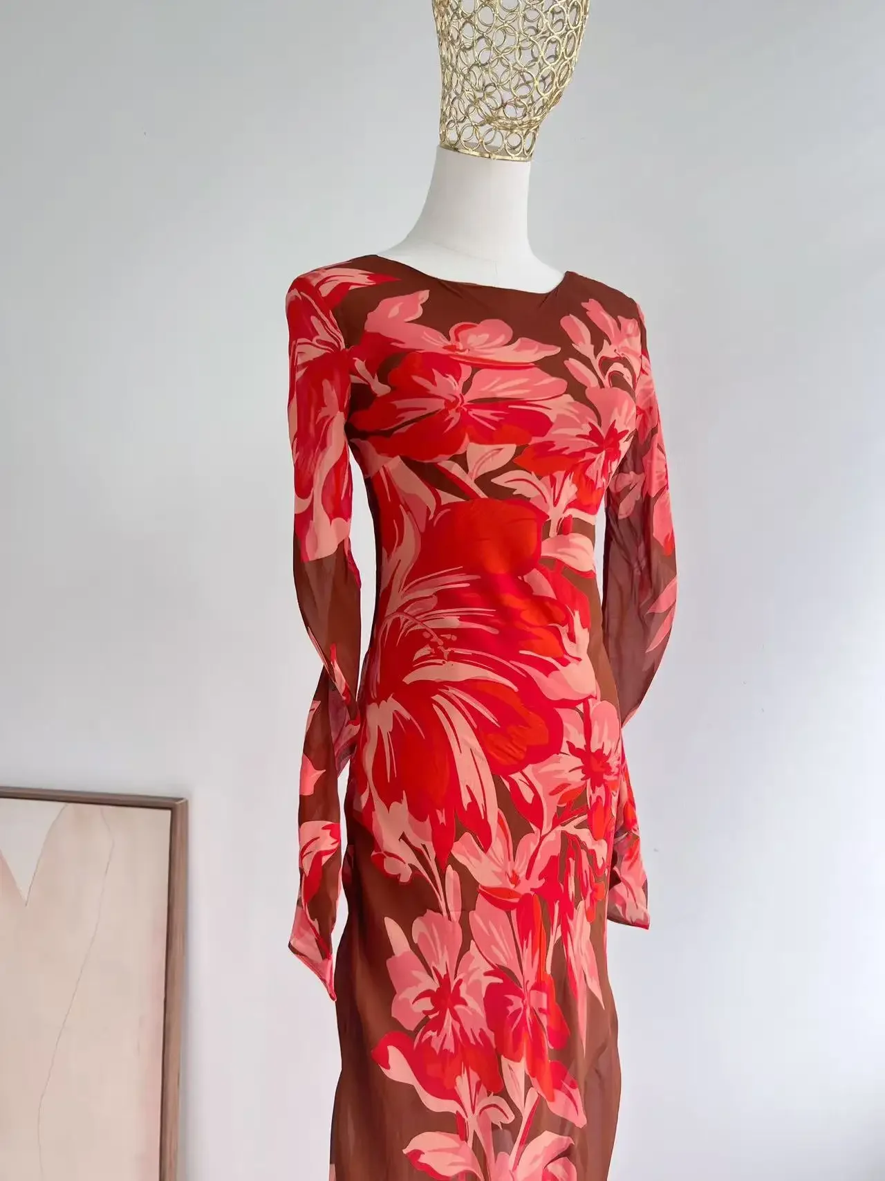 Robe Maxi transparente à imprimé floral pour femmes, dos nu, manches longues, col rond, Sexy, Slim