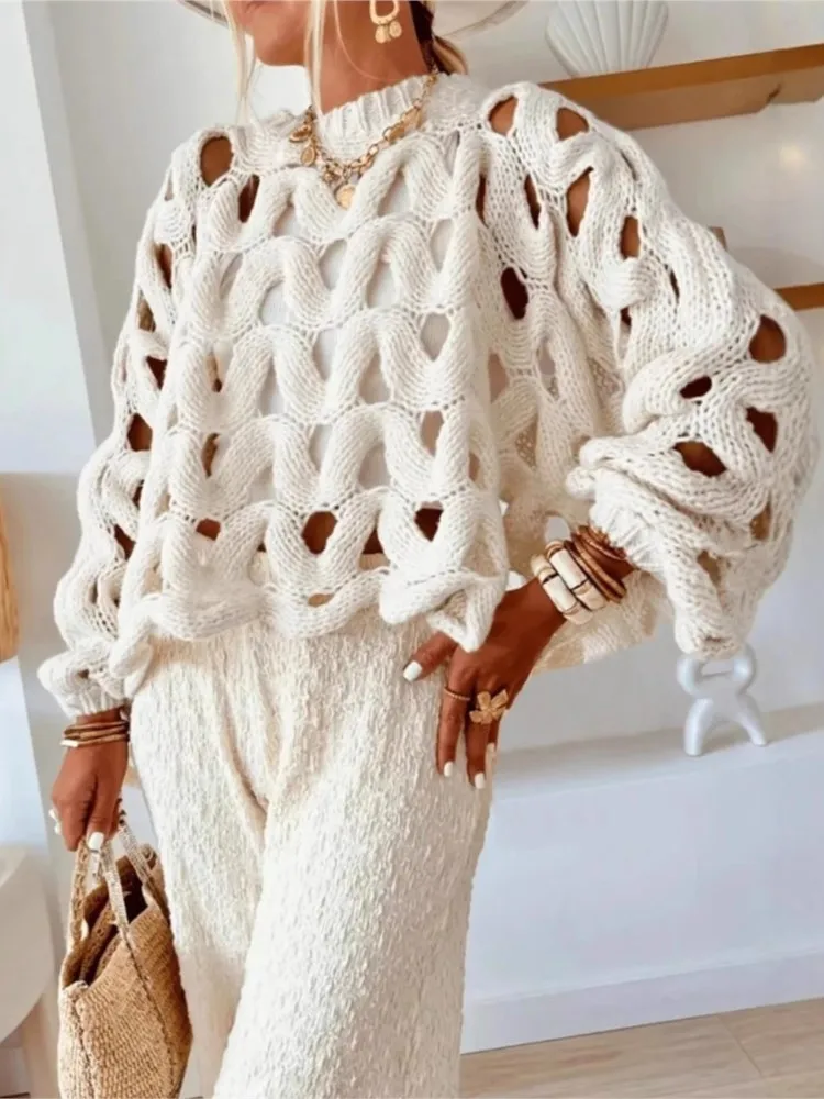

Women's Casual Solid Beach Hollow Out Long-sleeve Sweater Pullover New Autumn Fashion Elegant Party Holiday Sweater Pullover