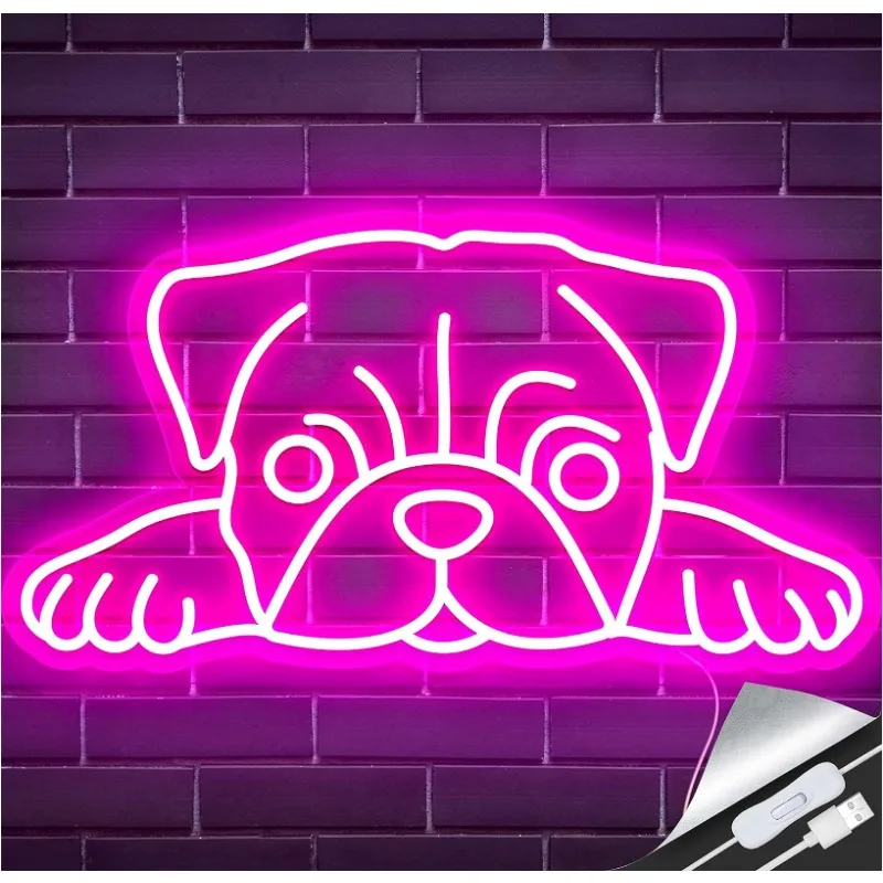 Pug Neon Signs Pug Gifts for Lovers Hug Dog Owners Stuff for Home Pet Shop Eye-Catching Room Decor 16.14 x 8.66 inches(Pink)